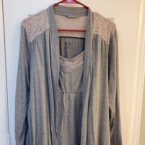 Motherhood Maternity, L, grey with pink lace detail, nightgown and robe set